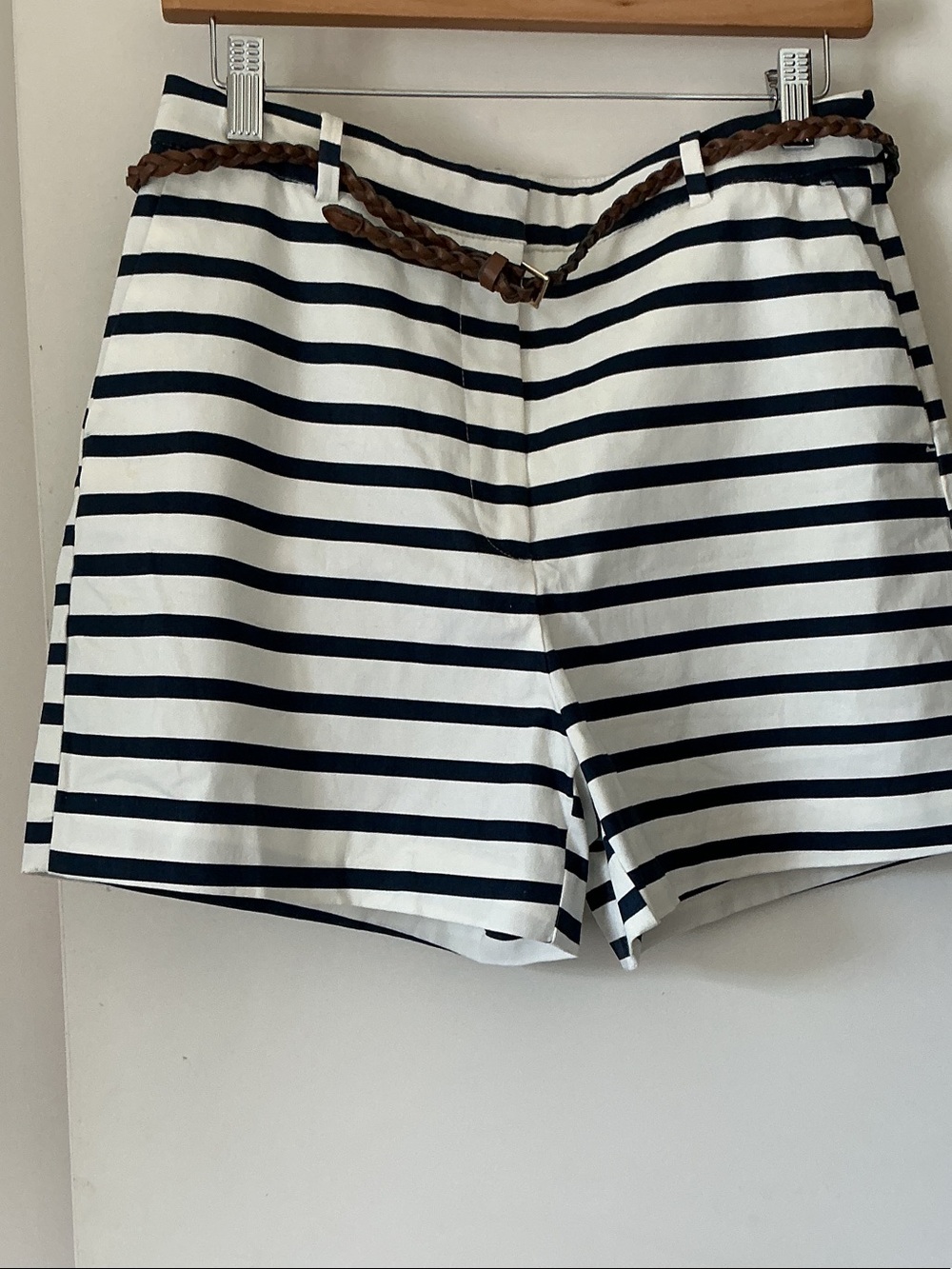 Zara Navy and White Striped Bermuda Shorts with Braided Brown Belt